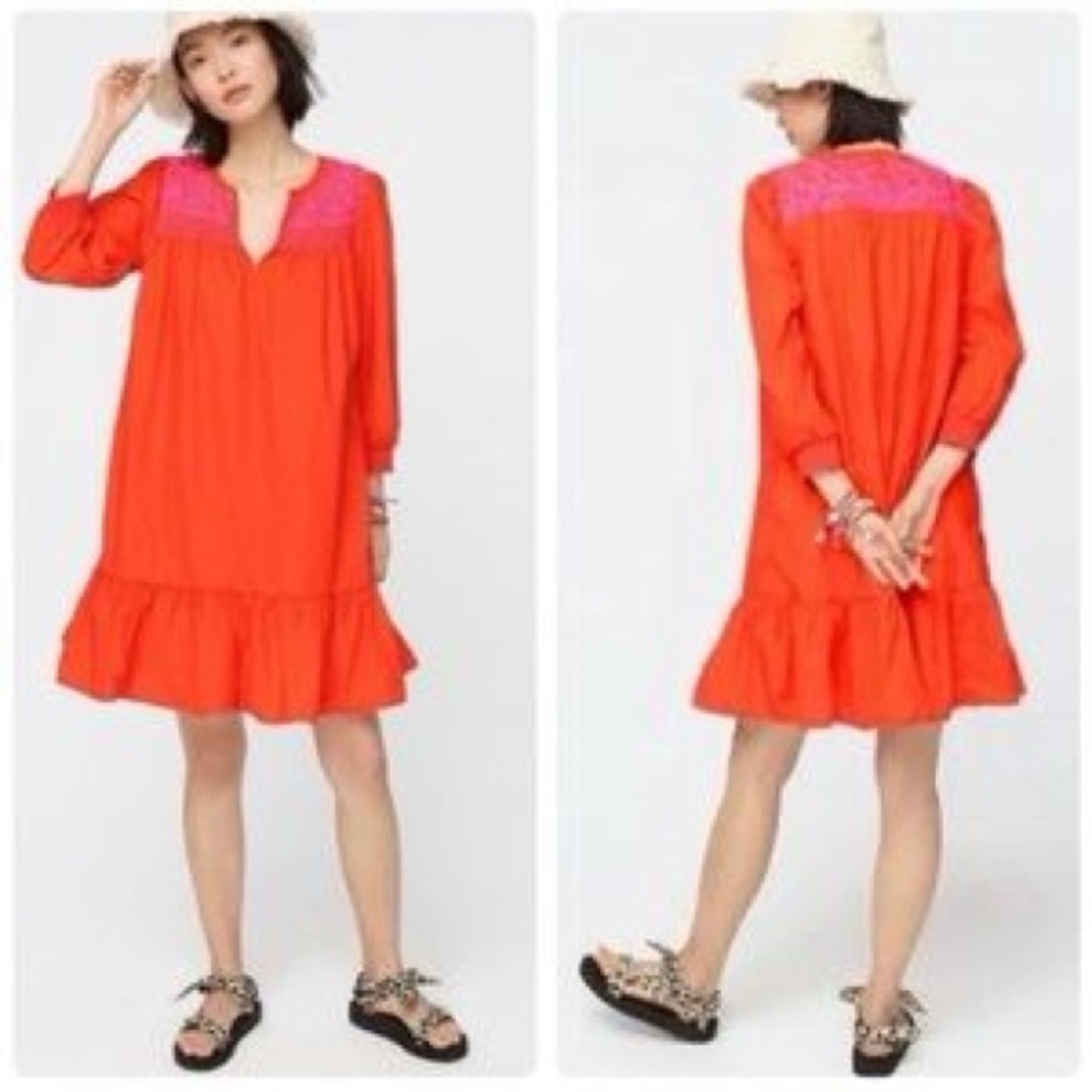 J. Crew Popover Embroidered Ruffle Dress NWT red  size Medium fits large.